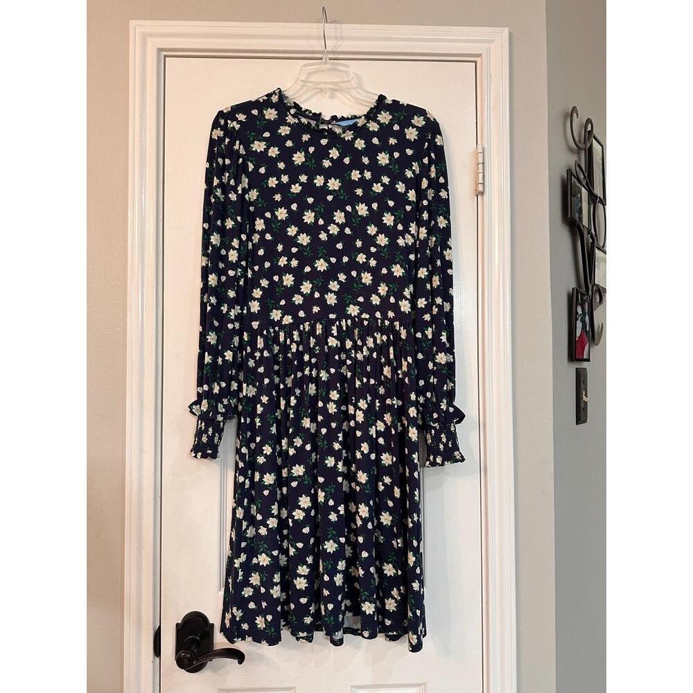 Draper James Dress Womens Size M Navy Blue Floral Tiered Ruffled Mock Neck Boho - Picture 2 of 8